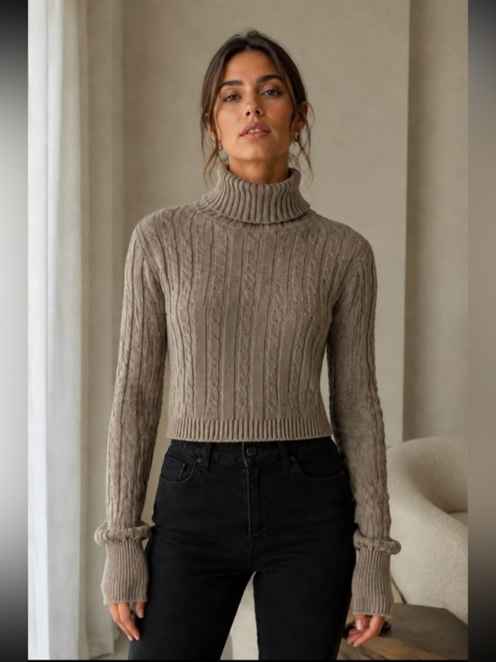 ANWND Womens Small Taupe Cable Knit Turtleneck Super Cropped Shrug Sweater